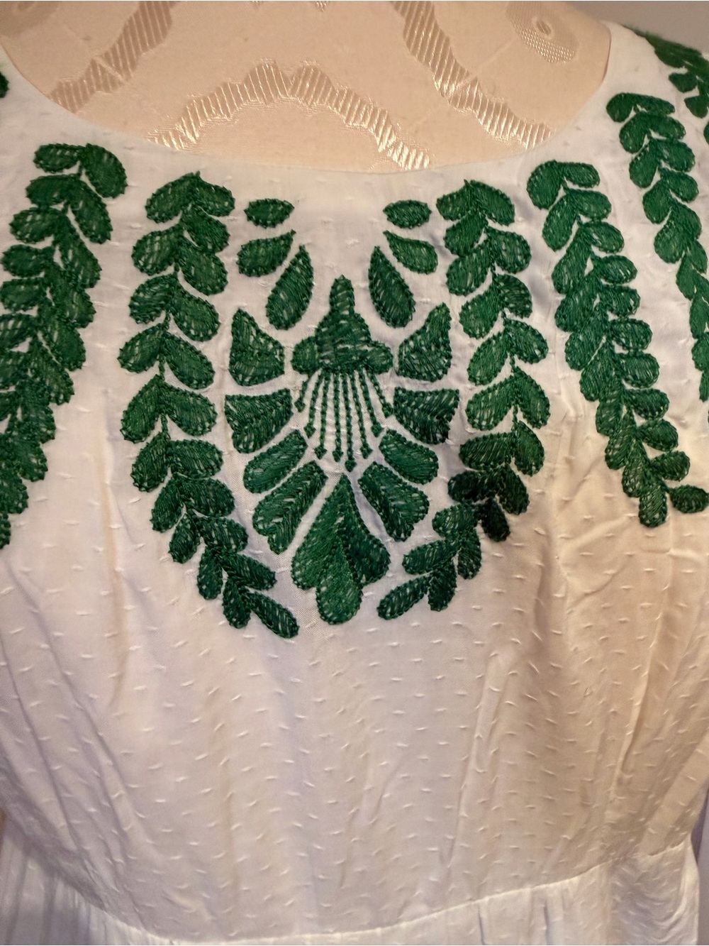 Boden White Short-Sleeve Dress with Green Embroidered Accents - Picture 2 of 4